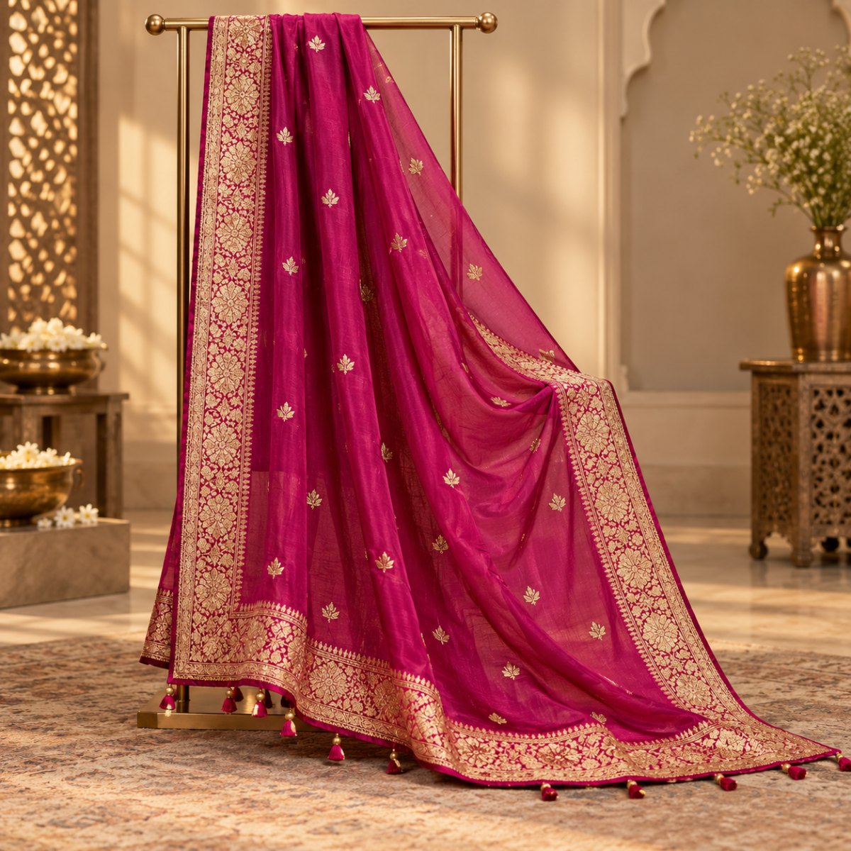 Maroon Organza Floral Dupatta