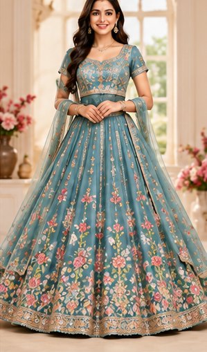 Teal Sequinned Party Lehenga